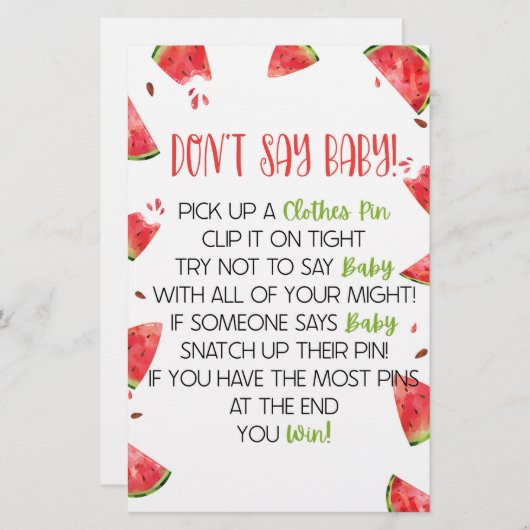 スイカのピンクの緑は赤ちゃんシャワーのゲームを言わない 便箋 (正面/裏面)