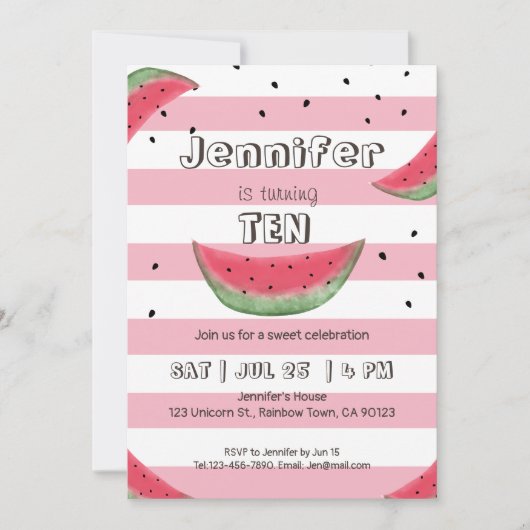 スイカのピンクの誕生日招待状 招待状 (正面)