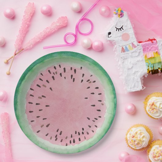 スイカのピンク及び緑の手塗りの水彩画 ペーパープレート (パーティー)