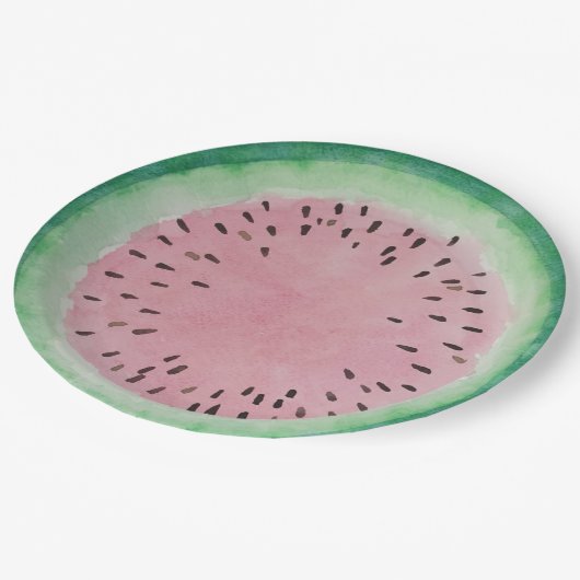 スイカのピンク及び緑の手塗りの水彩画 ペーパープレート (アングル)
