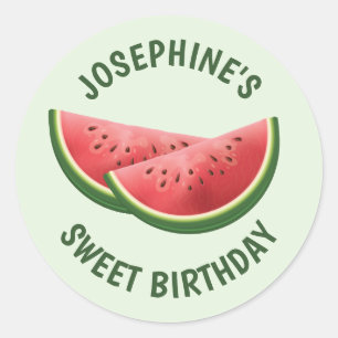 スイカのフルーツスライスをグリーンと文字誕生日 ラウンドシール