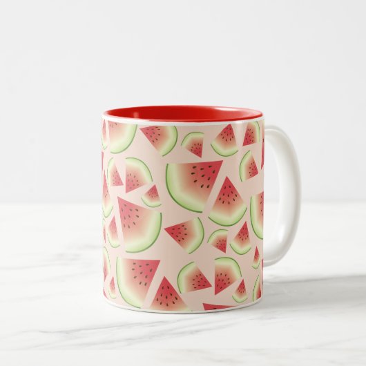 スイカのフルーツスライス模様及び名前をカスタムする ツートーンマグカップ (正面右)