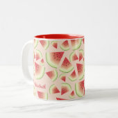 スイカのフルーツスライス模様及び名前をカスタムする ツートーンマグカップ (正面左)
