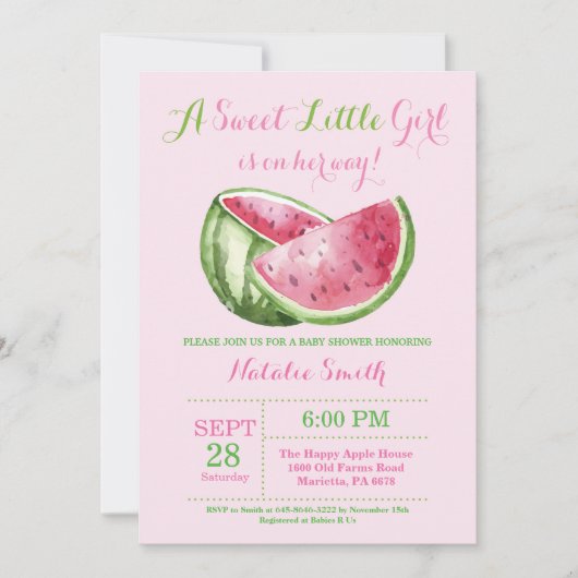 スイカのベビーシャワーの招待状のピンクの女の子 招待状 (正面)