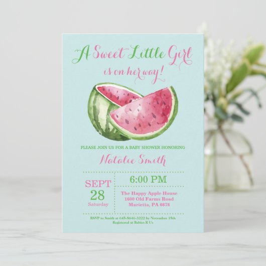 スイカのベビーシャワーの水のティール（緑がかった色）のターコイズ 招待状 (スタンド正面)