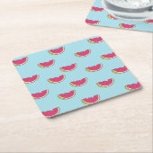 スイカの切り身をティール(緑がかった色)パターン スクエアペーパーコースター (アングル)