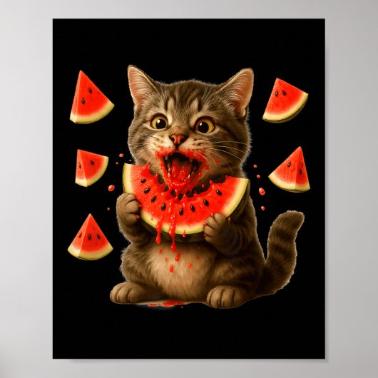 スイカの日 スイカを食べるかわいい猫 S ポスター (正面)