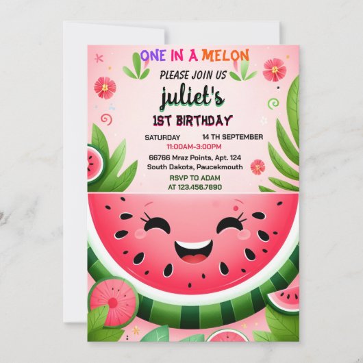 スイカの最初の1歳の誕生日にピンクの夏の一つ 招待状 (正面)