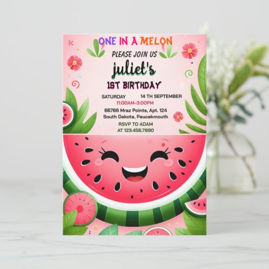 スイカの最初の1歳の誕生日にピンクの夏の一つ 招待状 (スタンド正面)