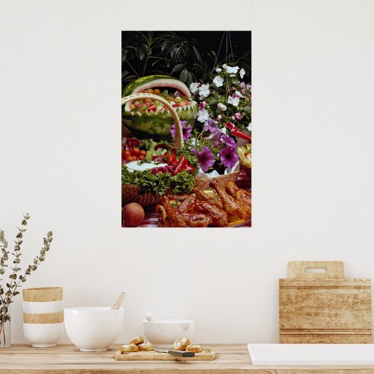 スイカの果実の切り身を花で切る ポスター (キッチン)