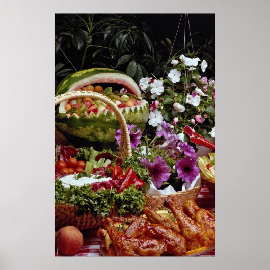 スイカの果実の切り身を花で切る ポスター (正面)