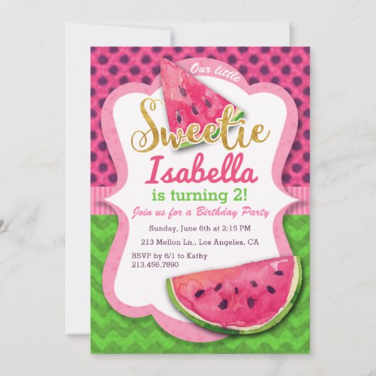 スイカの水彩画のピンクの誕生日の招待状 招待状 (正面)