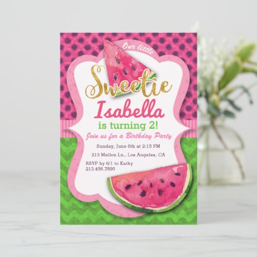 スイカの水彩画のピンクの誕生日の招待状 招待状 (スタンド正面)