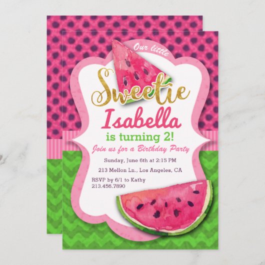 スイカの水彩画のピンクの誕生日の招待状 招待状 (正面/裏面)
