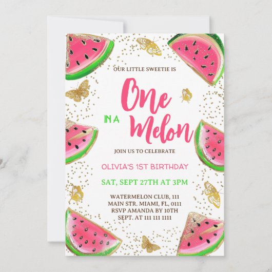 スイカの蝶の女の子1歳の誕生日 招待状 (正面)