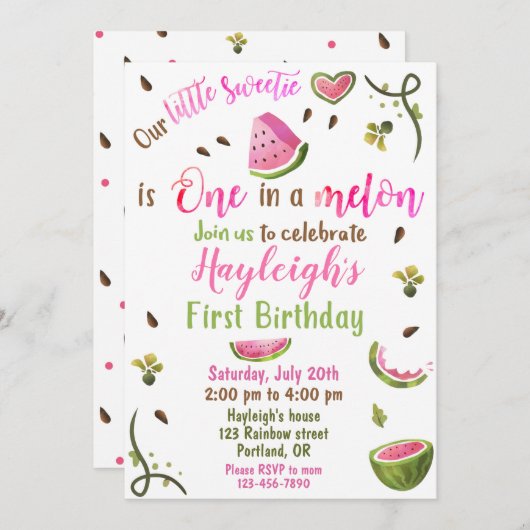 スイカの誕生日の招待メロンの女の子の1人 招待状 (正面/裏面)