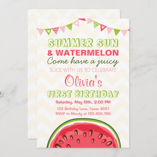 スイカの誕生日の招待状の日曜日の夏のパーティー 招待状 (正面/裏面)