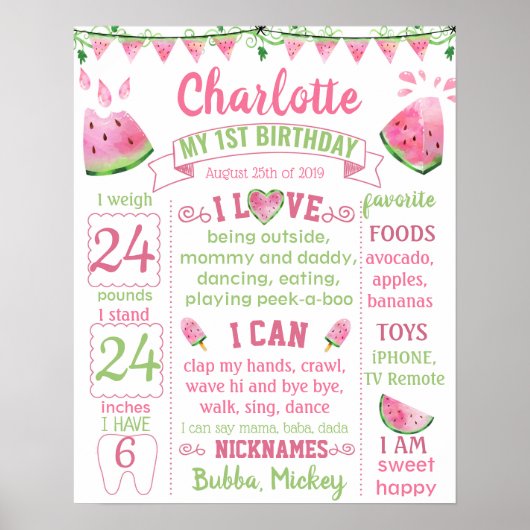 スイカの誕生日ボードにスイカ1つ ポスター (正面)