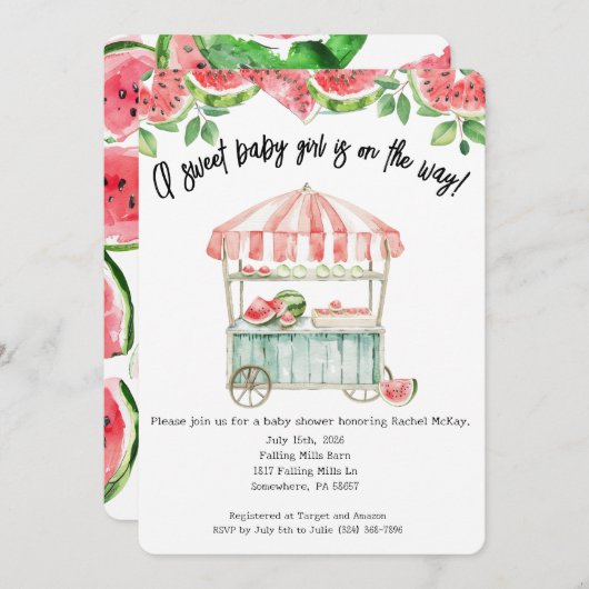 スイカの赤ちゃん女の子の招待状 招待状 (正面/裏面)