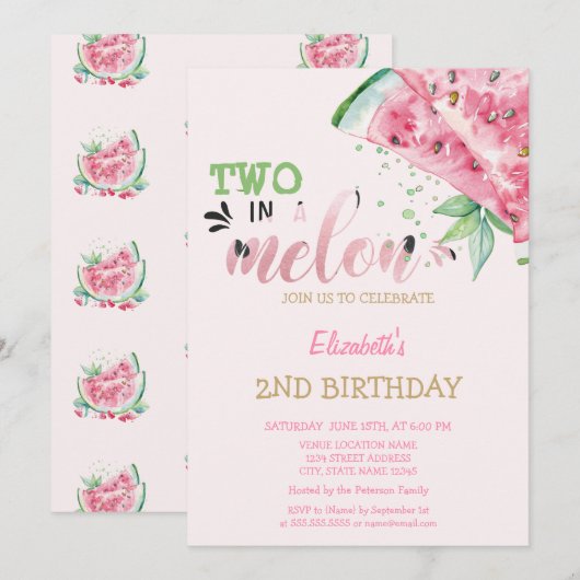 スイカの2歳の誕生日おめでとうTwo+In+A+Melon 招待状 (正面/裏面)