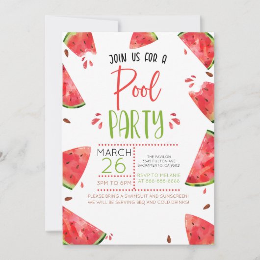 スイカをテーマにしたサマープールパーティの招待状 招待状 (正面)
