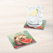 スイカを楽しむハリネズミ スクエアペーパーコースター (インサイチュ)