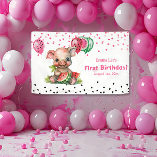 スイカを食べるかわいい子豚の誕生日 横断幕