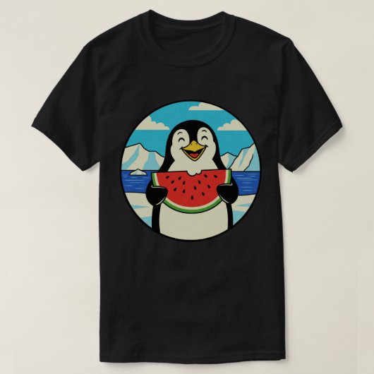 スイカを食べる幸せなペンギン - 夏の気分 Tシャツ (デザイン正面)