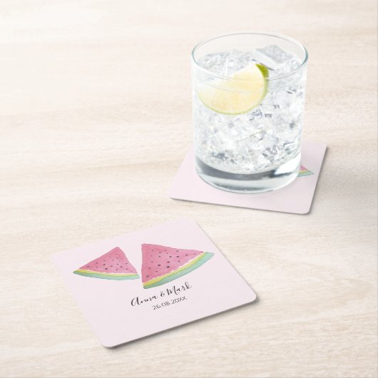 スイカイラストレーションウオーターカラーハンド絵を描 スクエアペーパーコースター (インサイチュ)