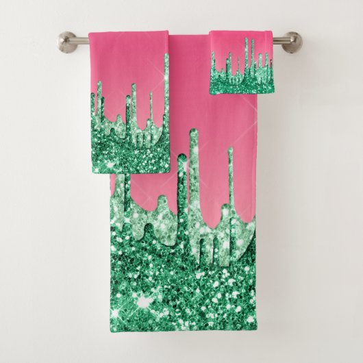 スイカグリーン&ピンクグリッター滴下ラグジュアリー バスタオルセット (インサイチュ)