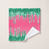 スイカグリーン&ピンクグリッター滴下ラグジュアリー バスタオルセット (ウォッシュタオル)