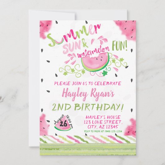 スイカサマーサンおもしろい任意の年齢誕生日招待状 招待状 (正面)