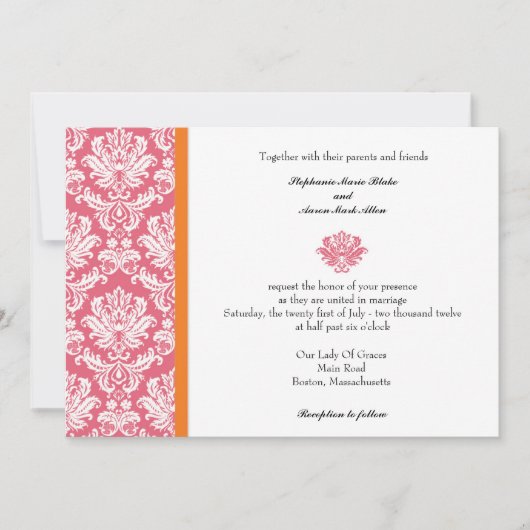 スイカズラとコーラル ダマスク 結婚式招待状 招待状 (正面)