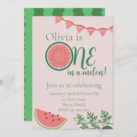 スイカテーマ1歳 招待状 (正面/裏面)