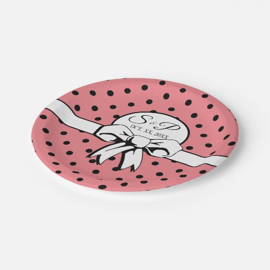スイカピンクブラックドットホワイトボウパーソナライズされた ペーパープレート (アングル)