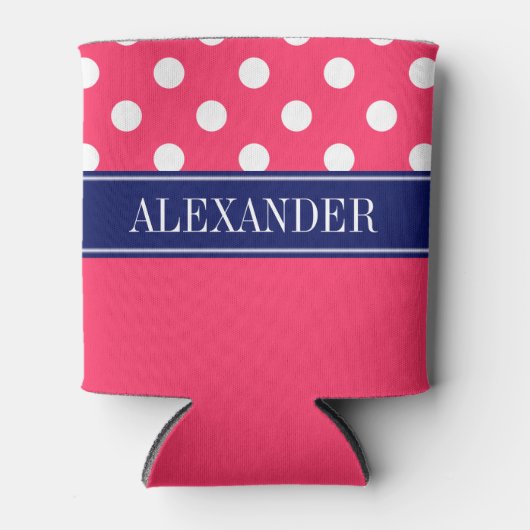 スイカピンクLG水玉模様CBネイビーネームモノグラム 缶クーラー (正面)