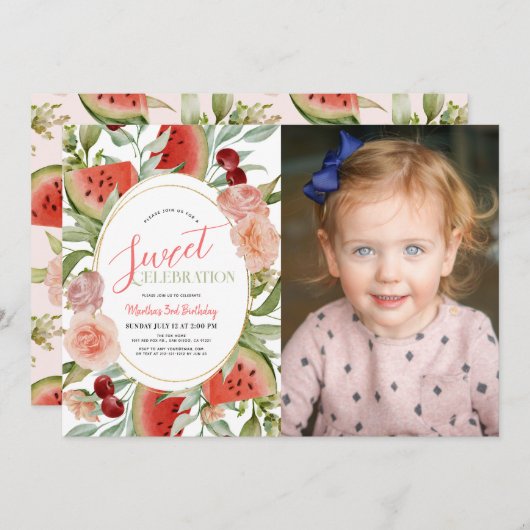 スイカフローラスイートガール誕生日写真 招待状 (正面/裏面)