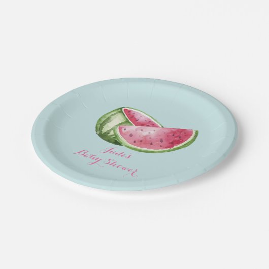 スイカベビーシャワーアクアティール（緑がかった色）ターコイズ ペーパープレート (アングル)