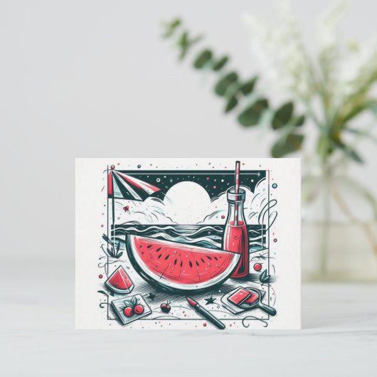 スイカホワイトミニマルビーチトロピカルサマー シーズンポストカード (スタンド正面)