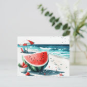 スイカホワイトミニマルビーチトロピカルサマー シーズンポストカード (スタンド正面)