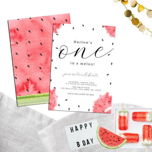 スイカモダンレッドスイカに水彩ONE 招待状