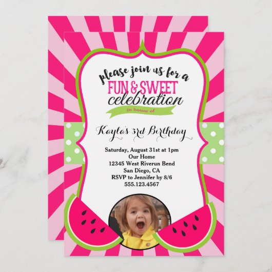 スイカ写真の誕生日パーティーへの招待 招待状 (正面/裏面)