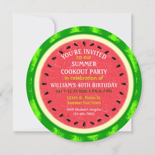 スイカ切り夏のパーティークックアウトまたは誕生日 招待状 (正面)