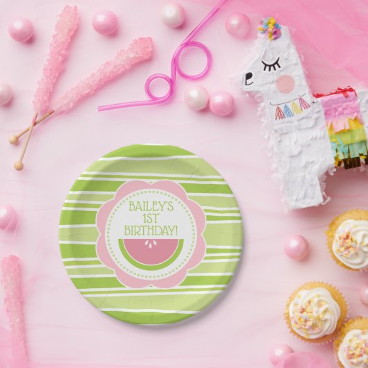 スイカ名門私立校風のーの誕生日ピンクとグリーン ペーパープレート (パーティー)