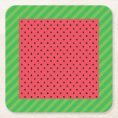 スイカ夏のフルーツ緑、ピンク/黒の食品 スクエアペーパーコースター (正面)