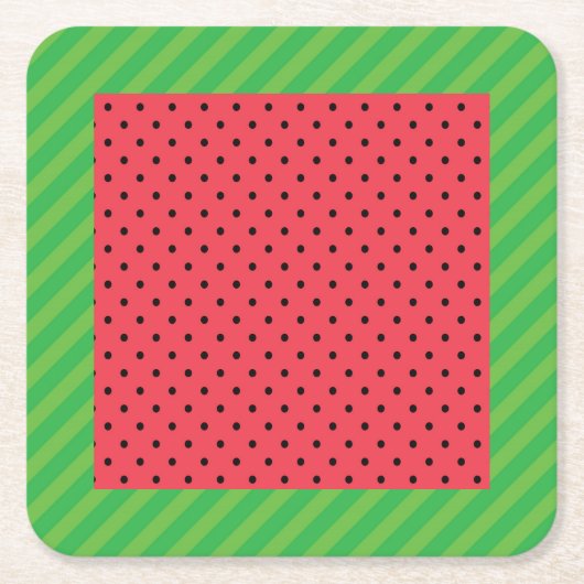 スイカ夏のフルーツ緑、ピンク/黒の食品 スクエアペーパーコースター (正面)