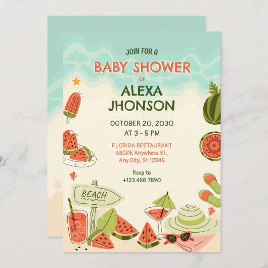 スイカ夏ビーチベビーシャワー 招待状 (正面/裏面)