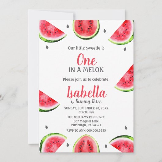 スイカ小さな女の子甘い 招待状 (正面)