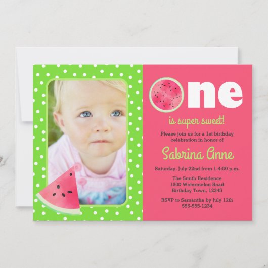 スイカ最初の誕生日ワンは甘い写真 招待状 (正面)