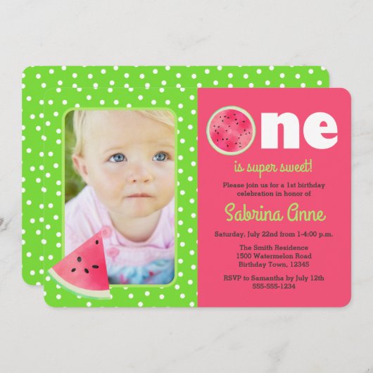 スイカ最初の誕生日ワンは甘い写真 招待状 (正面/裏面)